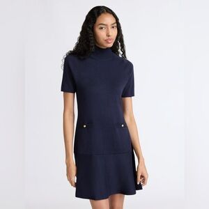 Short-Sleeve Navy Mock Neck Midi Dress